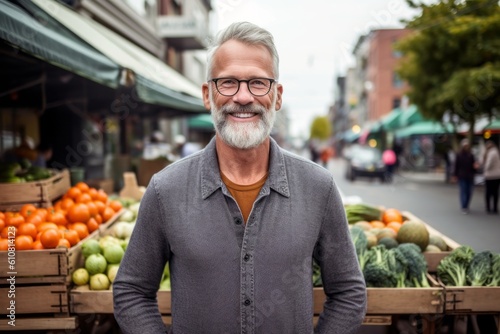 Medium shot portrait photography of a pleased man in his 50s that is wearing a chic cardigan against a bustling downtown farmer's market with fresh produce background . Generative AI