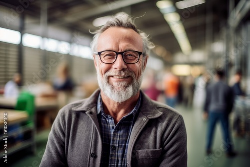 Medium shot portrait photography of a pleased man in his 50s that is wearing a chic cardigan against a busy factory assembly line with workers background . Generative AI