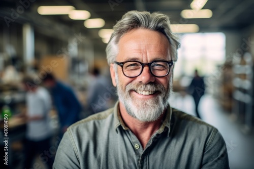 Medium shot portrait photography of a pleased man in his 50s that is wearing a chic cardigan against a busy factory assembly line with workers background . Generative AI