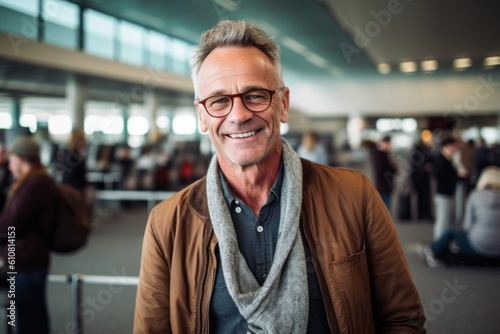 Medium shot portrait photography of a pleased man in his 50s that is wearing a chic cardigan against a bustling airport terminal with passengers and flights background . Generative AI