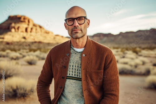 Handsome middle aged bald man in casual clothes and eyeglasses standing in the desert