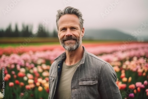 Medium shot portrait photography of a satisfied man in his 40s that is wearing a chic cardigan against a flower field or tulip field background .  Generative AI © Robert MEYNER