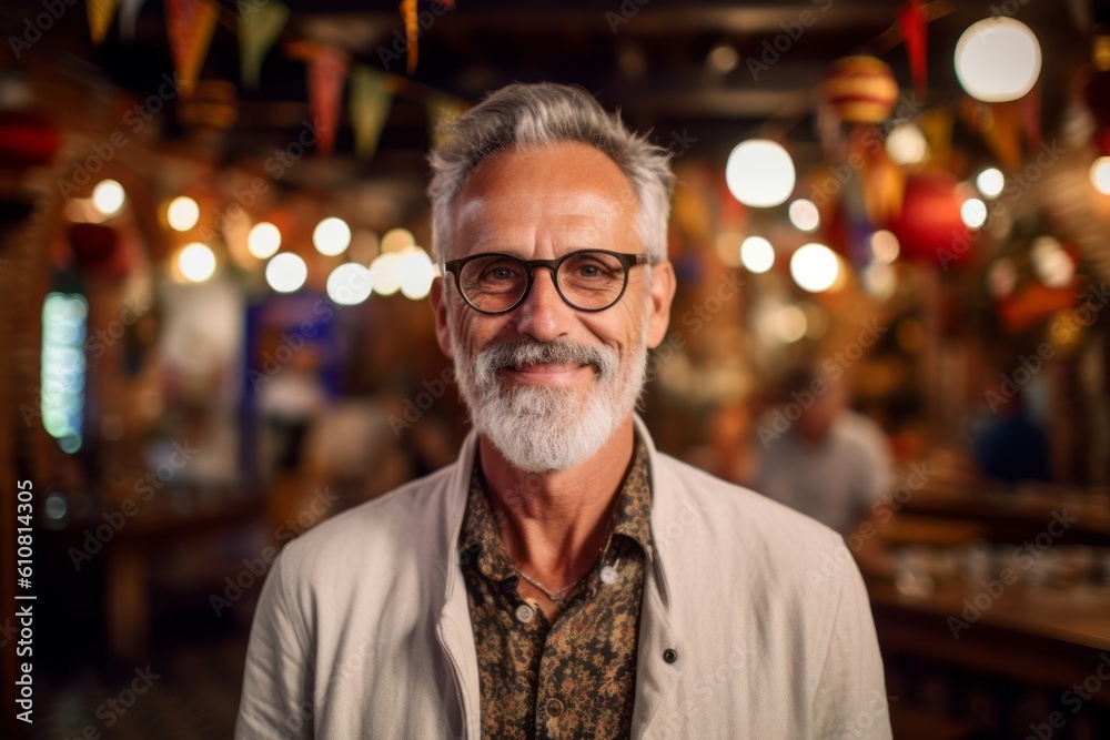 Medium shot portrait photography of a pleased man in his 50s that is wearing a chic cardigan against a lively flamenco performance in a spanish taverna background . Generative AI Medium shot portrait photography of a pleased man in his 50s that is wearing a chic cardigan against a lively flamenco performance in a spanish taverna background . Generative AI