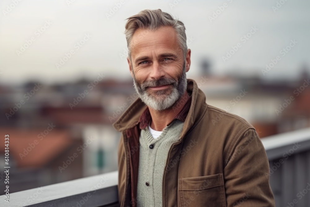 Portrait of handsome mature man looking at camera and smiling while standing on balcony Portrait of handsome mature man looking at camera and smiling while standing on balcony