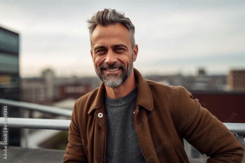 Portrait of handsome middle-aged man in casual clothes smiling and looking at camera outdoors Portrait of handsome middle-aged man in casual clothes smiling and looking at camera outdoors