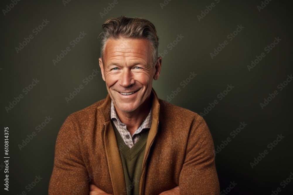 Portrait of a smiling senior man standing against a green chalkboard.