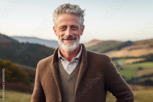 Portrait of smiling senior man looking at camera while standing in countryside