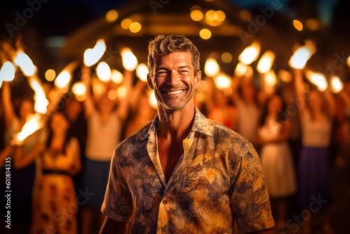 Portrait of a happy man dancing at a music festival at night