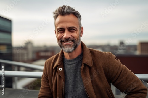 Portrait of handsome middle-aged man in casual clothes smiling and looking at camera outdoors