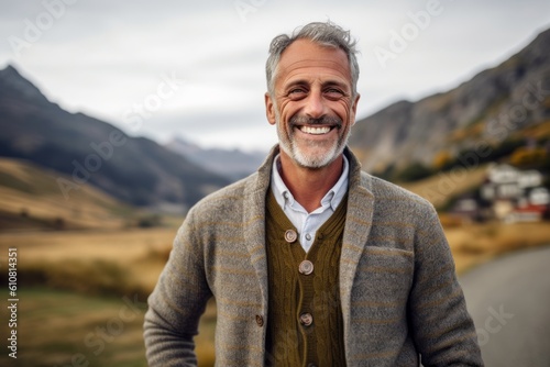 Portrait of happy senior man standing on the road in the countryside