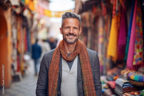 Portrait of a handsome mature man smiling at the camera while standing in a street market