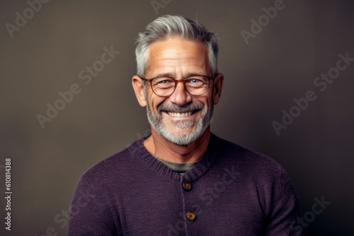 Portrait of a handsome mature man with eyeglasses on grey background