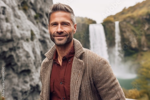 Medium shot portrait photography of a satisfied man in his 40s that is wearing a chic cardigan against a scenic hiking trail with a waterfall in the distance background .  Generative AI