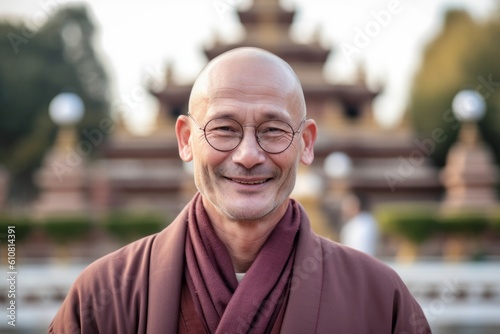 Portrait of a smiling buddhist monk in front of a temple © Leon Waltz