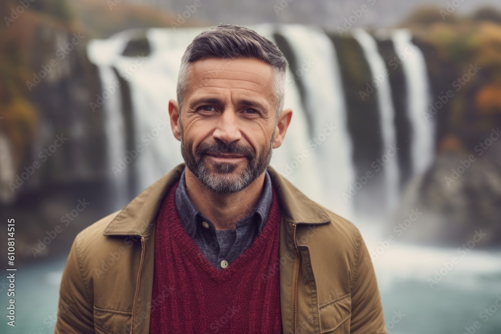 Portrait of a handsome mature man standing in front of a waterfall Portrait of a handsome mature man standing in front of a waterfall