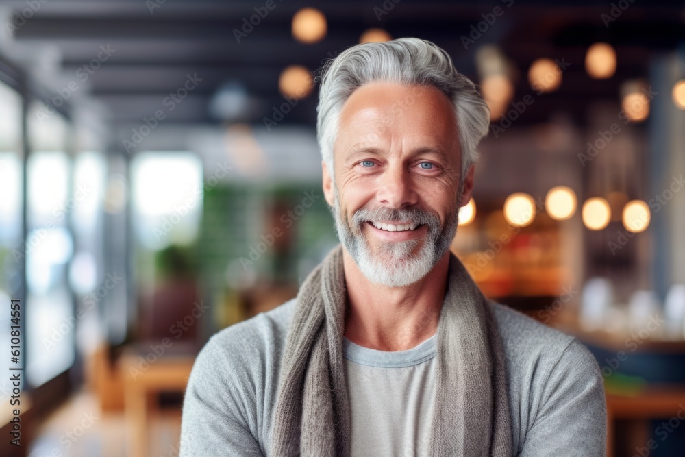 Medium shot portrait photography of a pleased man in his 50s that is wearing a chic cardigan against a yoga studio or wellness background . Generative AI Medium shot portrait photography of a pleased man in his 50s that is wearing a chic cardigan against a yoga studio or wellness background . Generative AI
