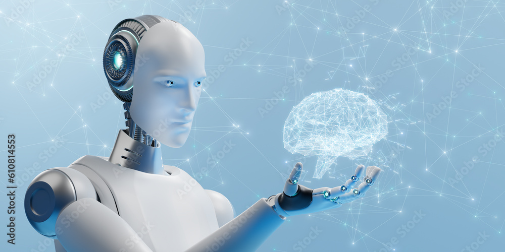 Naklejka premium 手のひらの上のホログラムの頭脳を見つめるアンドロイド / 進化するAI・人工知能のコンセプトイメージ / An android staring at the holographic brain on the palm. Concept image of evolving AI. 3D rendered image.