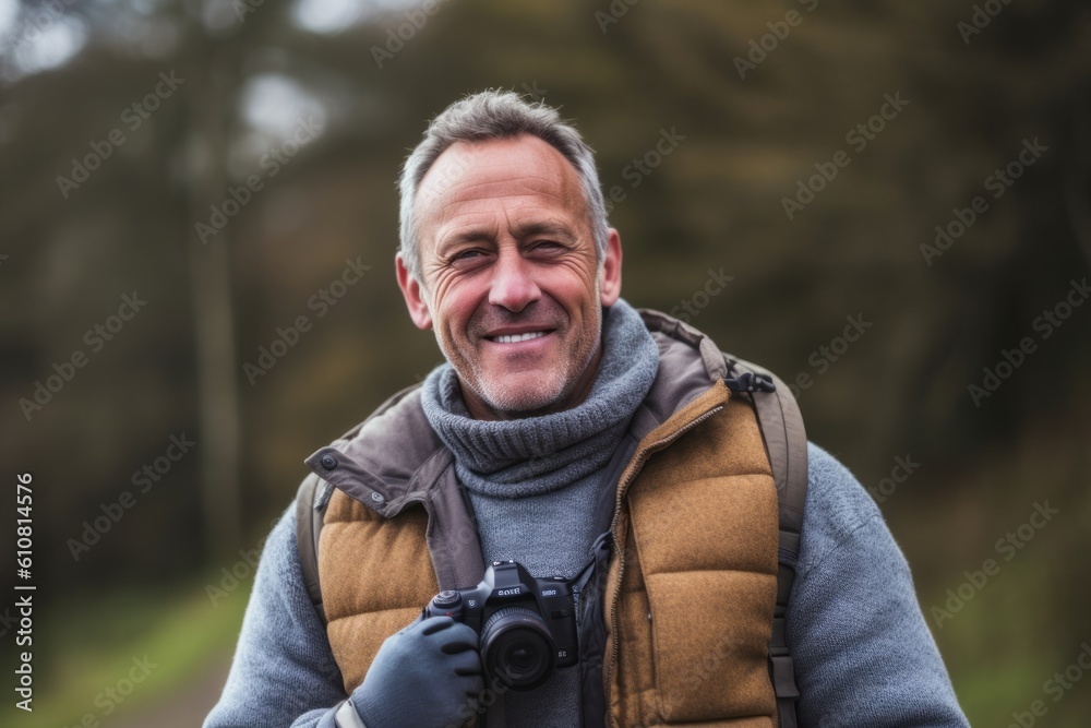 Medium shot portrait photography of a pleased man in his 50s that is wearing a chic cardigan against a wildlife documentary filming with a camera crew background .  Generative AI