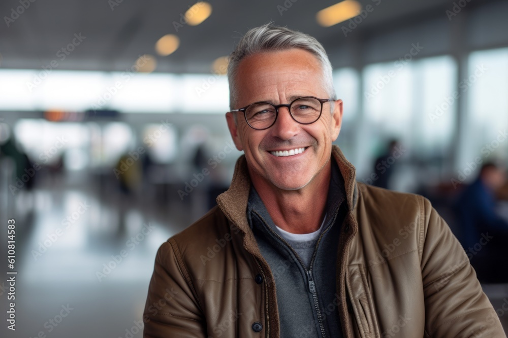 Portrait of a smiling mature man standing in an airport terminal. Portrait of a smiling mature man standing in an airport terminal.