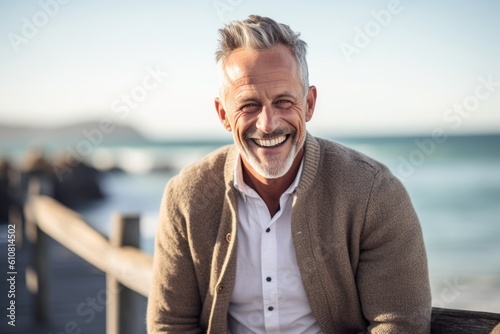 Portrait of smiling senior man sitting on bench at beach during sunny day