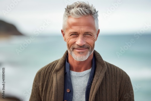 Medium shot portrait photography of a pleased man in his 50s that is wearing a chic cardigan against a water or ocean background . Generative AI
