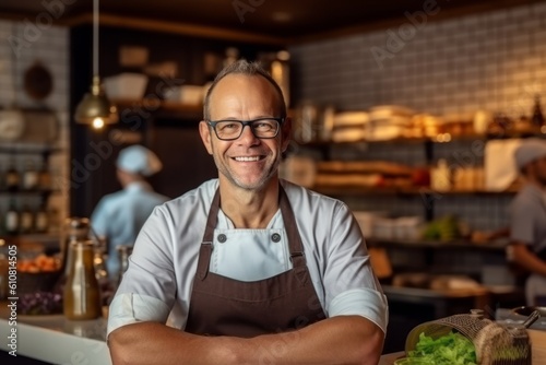 Medium shot portrait photography of a satisfied man in his 40s that is wearing a chic cardigan against a well-stocked gourmet kitchen with a chef at work background . Generative AI