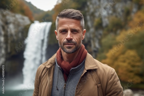 Portrait of a handsome mature man standing near waterfall in autumn forest