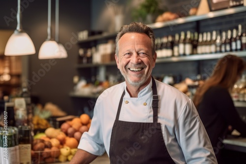 Medium shot portrait photography of a pleased man in his 50s that is wearing a chic cardigan against a well-stocked gourmet kitchen with a chef at work background . Generative AI