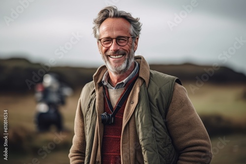 Medium shot portrait photography of a pleased man in his 50s that is wearing a chic cardigan against a wildlife documentary filming with a camera crew background . Generative AI