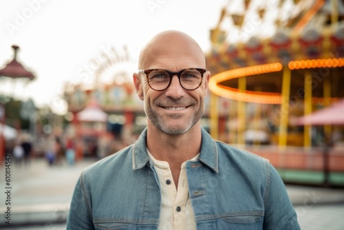 Portrait of smiling man in eyeglasses on amusement park background © Robert MEYNER
