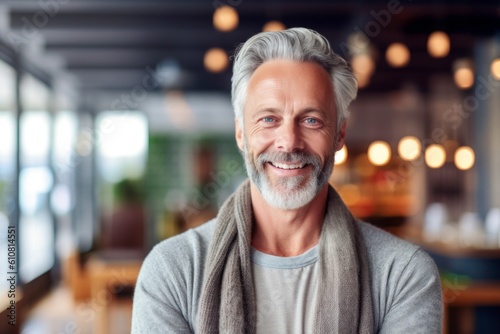 Medium shot portrait photography of a pleased man in his 50s that is wearing a chic cardigan against a yoga studio or wellness background . Generative AI