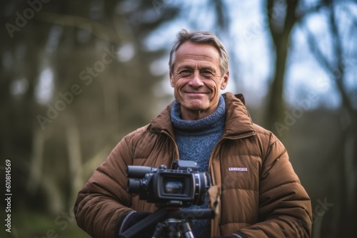 Medium shot portrait photography of a pleased man in his 50s that is wearing a chic cardigan against a wildlife documentary filming with a camera crew background .  Generative AI