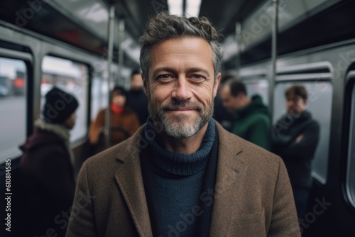 Portrait of a handsome middle-aged man with gray hair in a brown coat on the background of a train.