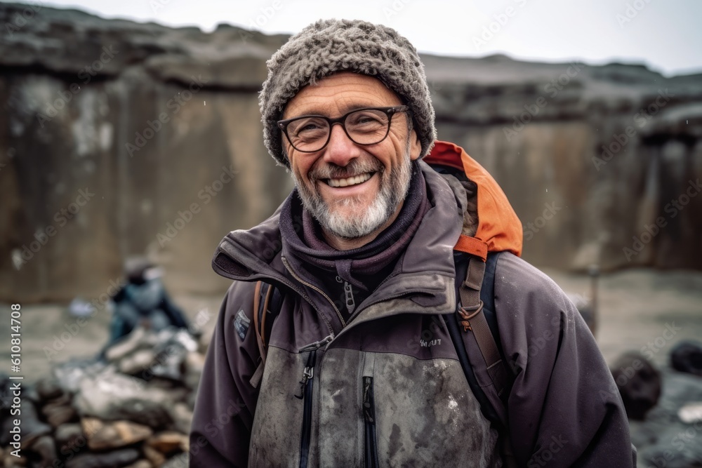Medium shot portrait photography of a pleased man in his 50s that is wearing a warm parka against an archaeological dig site with artifacts being discovered background . Generative AI Medium shot portrait photography of a pleased man in his 50s that is wearing a warm parka against an archaeological dig site with artifacts being discovered background . Generative AI
