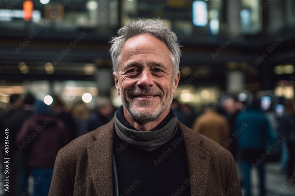 Portrait of happy senior man with grey hair in a urban context