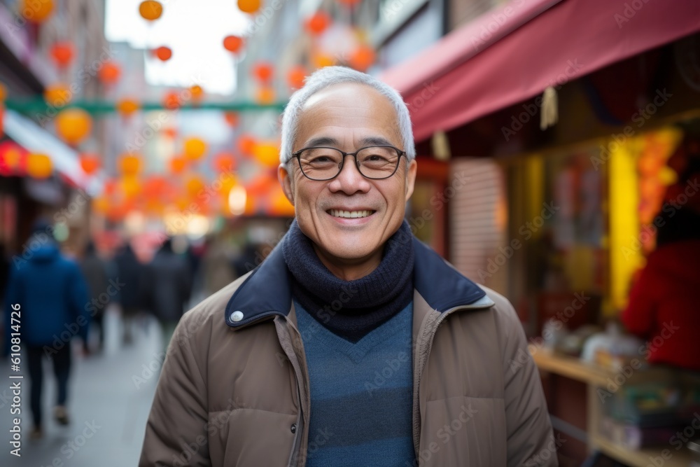 Medium shot portrait photography of a pleased man in his 60s that is wearing a chic cardigan against a bustling chinatown with colorful shops and restaurants background .  Generative AI