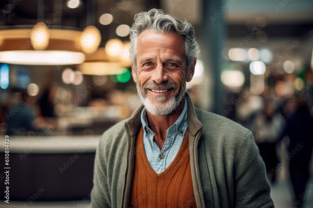 Medium shot portrait photography of a satisfied man in his 50s that is wearing a chic cardigan against a bustling food court in a shopping mall background . Generative AI Medium shot portrait photography of a satisfied man in his 50s that is wearing a chic cardigan against a bustling food court in a shopping mall background . Generative AI