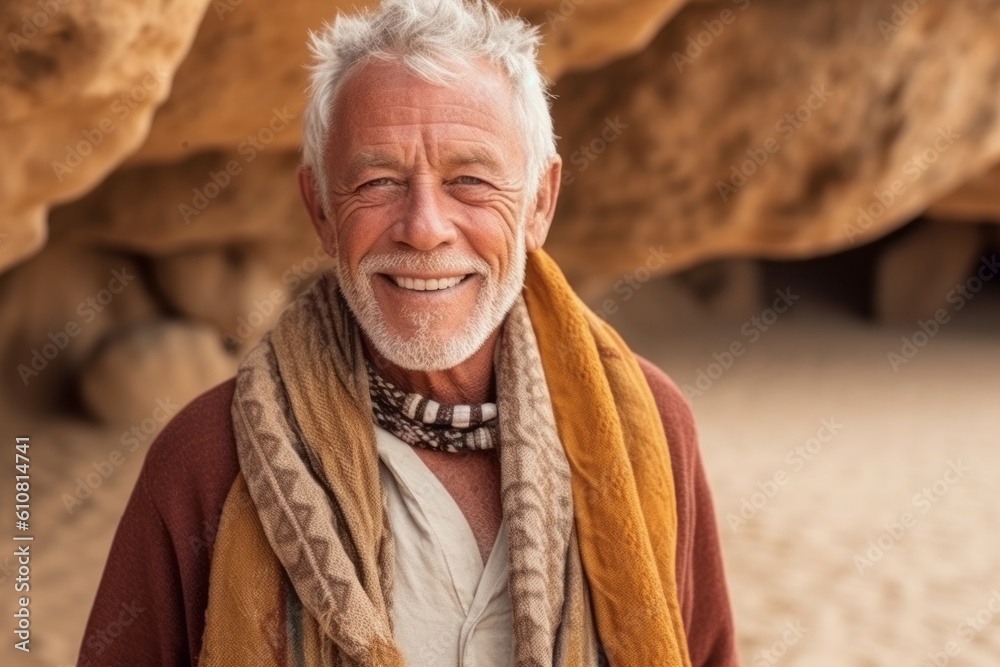 Portrait of smiling senior man standing in desert on a sunny day