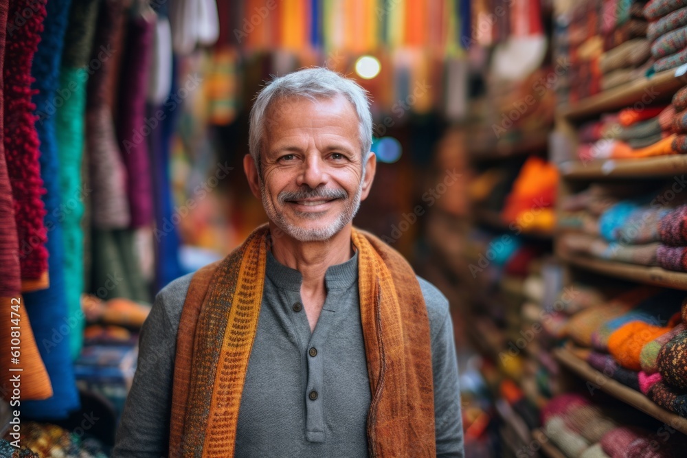 Medium shot portrait photography of a satisfied man in his 50s that is wearing a chic cardigan against a bustling trader's market with colorful fabrics and spices background .  Generative AI