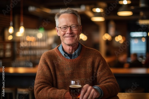 Medium shot portrait photography of a satisfied man in his 50s that is wearing a chic cardigan against a bustling brewery with craft beer production background . Generative AI