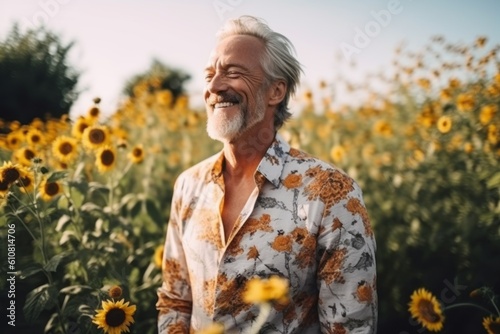 Portrait of a senior man in a field of sunflowers
