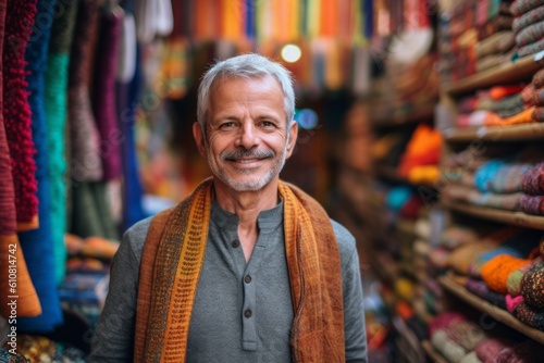 Medium shot portrait photography of a satisfied man in his 50s that is wearing a chic cardigan against a bustling trader's market with colorful fabrics and spices background . Generative AI