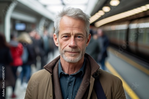 Portrait of senior man standing in subway train and looking at camera