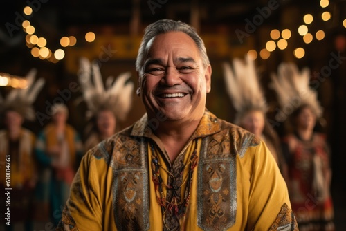 Medium shot portrait photography of a pleased man in his 50s that is wearing a trendy jumpsuit against a traditional native american pow-wow with dancers and drummers background . Generative AI