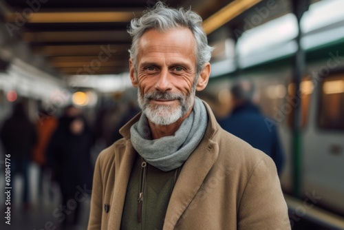 Portrait of a handsome senior man with grey hair and beard standing in subway station