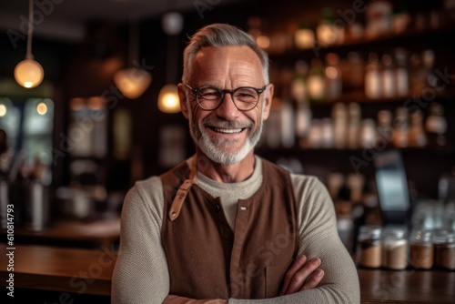 Portrait of smiling senior man standing with arms crossed at bar counter