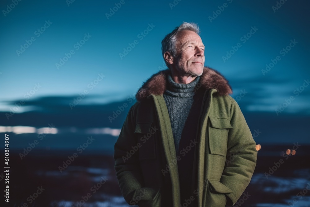 Portrait of senior man in winter clothes looking away while standing on beach
