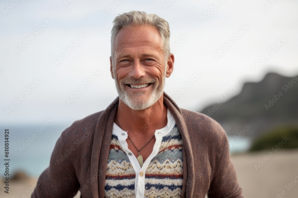 Portrait of smiling senior man standing on beach at the day time