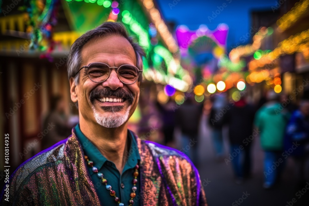 Fototapeta premium Handsome Indian man in traditional clothes and eyeglasses at Christmas market