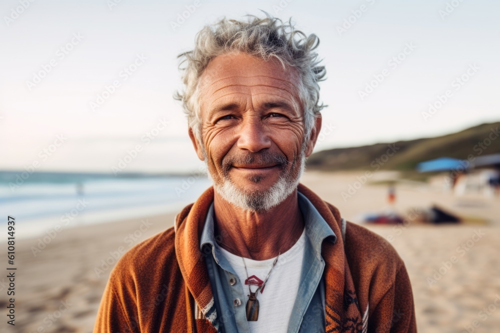 Medium shot portrait photography of a satisfied man in his 50s that is wearing a chic cardigan against a surfing competition at a tropical beach background . Generative AI Medium shot portrait photography of a satisfied man in his 50s that is wearing a chic cardigan against a surfing competition at a tropical beach background . Generative AI